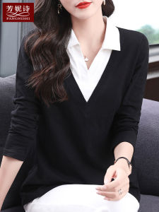 Pure Cotton Long Sleeve Turn-down Collar Womens T-shirt Spring Autumn Style Simple Commute Loose Fit Base Shirt for Mom