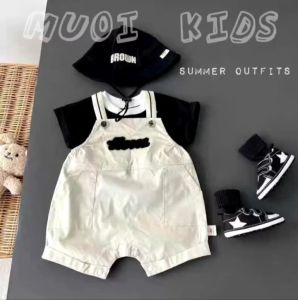 Set Yếm kaki bé trai kèm áo cotton tàu co dãn 4 chiều