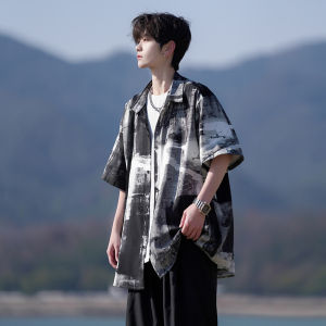 เสื้อเชิ้ตแขนสั้นผู้ชาย ทรงหลวม คอปกพับ สไตล์ลำลอง ฤดูร้อน 2025 ผ้าผสมโพลีเอสเตอร์ ปกโปโล ผ้าฝ้าย ลายดอกไม้