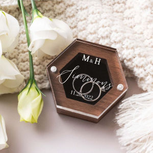[Customized] Personalised Clear Acrylic & Wood Wedding Ring Box Keepsake Pillow Ring Box Mr Mrs Proposal Engagement Jewellery Printed Bride Botanicall
