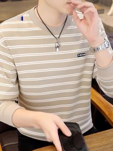 ROMON | Lormen Mens Striped Fleece Lined Long Sleeve T-Shirt Round Neck Casual Style Autumn Winter Fashion Urban Coastal Shirt