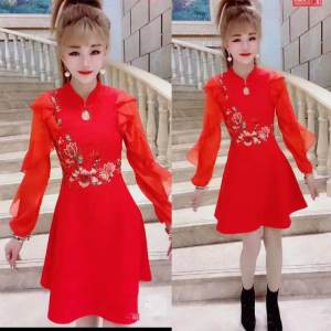 2023 Womens Clothing Dress Long Sleeves Slim Fit Rhinestone Embroider Formal Dress Chinese Red Elegant Body Shirt Classy Formal Dress