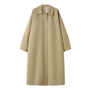 Khaki Long Batwing Sleeve Coat Womens Loose Style Autumn Fashion Outerwear Commute Simple Design Knee-Length Windbreaker