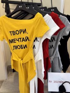 Áo Thun Nữ Tay Ngắn in Chữ Màu Vàng Dopamine Mùa Hè 2025 Phong Cách Hàn Quốc Thường Ngày Dài Vừa Phải Cổ Tròn