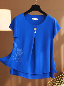 เสื้อยืดแขนสั้นคุณแม่ใส่ช่วงฤดูร้อนเสื้อตัวเล็กปักลายผ้าชีฟองคอกลมชู่ผู้หญิงวัยกลางคนและผู้สูงอายุ เสื้ออำพรางหน้าท้องทรงหลวมสำหรับผู้หญิงวัยกลางคน