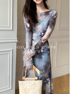 Yoohui QZ196 Gaun Mesh Pinggang Ramping Motif Kupu Kupu Gaun Bunga Floral Long Dress Press Body Lengan Panjang Vintage Wanita Kekinian Korea Style Gaun Pesta Mewah Elegant Casual Dress Retro Rok Panjang Terompet Wanita Gaya Gaun Mesh Flowy Rok