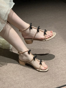 Summer Sheepskin High Heel Sandals with Bright Diamond Butterfly Knots Roman Style Thick Heel Womens Shoes Luxury French Fashion