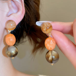 Silver needle acrylic embossed round tassel stud earrings K