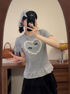 Ruffle Sleeveless Lace Heart Butterfly Knot Splice Short T-Shirt Womens Small Size Slim Fit Short Style New Arrival Cotton Blend