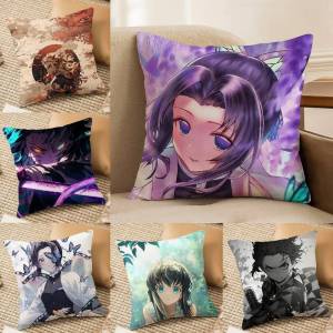 Bandai | Demon Slayer Wind Breathing Art Anime Plush Pillow Cover Soft Short Plush Cushion Cover For Sofa Bedroom Home Decor Gift
