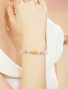 ZHOU LIU FU 周六福 S925 Sterling Silver Cute Flower Bracelets Agate Aquamarine Beaded  Bracelet Gemstone Stretch Bracelets for Women Girl 17CM J1916261