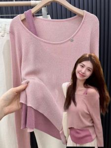 เสื้อถักแขนยาวสีชมพู ทรงเข้ารูป คอกลม แขนยาว ทรงเข้ารูป สำหรับผู้หญิง เสื้อชั้นในสไตล์เกาหลี แขนกุด เสื้อชั้นในสุดหรูหรา