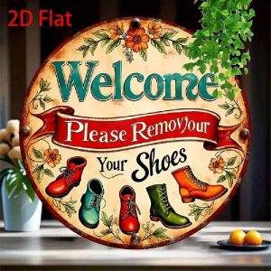 CIFbuy | Retro "Welcome Please Remove Your Shoes" Metal Sign 8x8 Inch 2D Flat Iron Wall Art with Floral Design for Rustic Home Decor