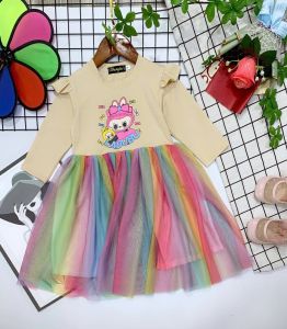{1-6y}Dress Kids Tutu Cotton Girl Baju Gaun Budak Perempuan Quater Sleeves Baju Kembang Raya Birthday Labubu Labulabu