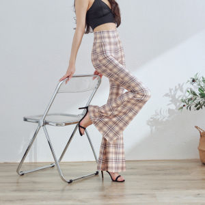 กางเกงขายาวทรงหลวมเอวสูงสำหรับผู้หญิง ผ้าไหมนมพิมพ์ลายสก็อตสีสันสดใส กางเกงขายาวทรงหลวม ทรงเข้ารูป ไซส์ใหญ่ ทรงหลวม ทรงขาบาน