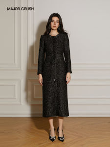 Classic Black Womens Mid-length Coat H Style Round Neck
