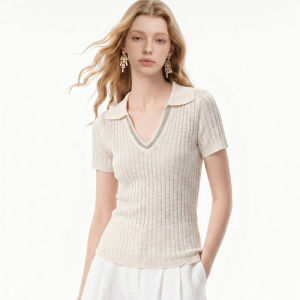 Slim Fit Striped Texture V-neck Polo Knit Shirt