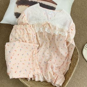 Nữ Size Lớn Ren Miếng Dán Cường Lực Bộ Đồ Ngủ Dài Tay Hoa Top Có Nơ Dài Đến Mắt Cá Chân Quần Dễ Thương Loungewear 5XL