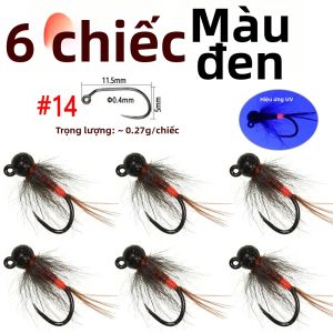 6 CÁI Mồi Câu Ruồi Dạng Jig Đầu Hạt Vonfram Có Đốm # 14 # 16 # 18 Mồi Câu Cá Hồi Siêu Sắc Bén Không Ngạnh Chìm Nhanh Màu Đen Ô Liu
