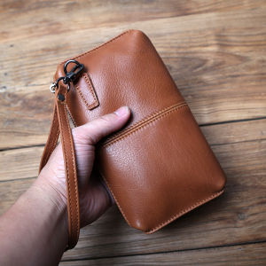 Long Mens Genuine Leather Clutch Bag Soft Leather Handmade Zipper Wallet Casual Retro First Layer Cowhide Mobile Phone Wallet Bag