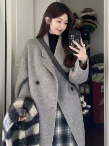 Gray Woolen Coat 2024 Autumn and Winter Korean Style Mid Length Long Length Fancy Small Hepburn Style Woolen Outwear Women