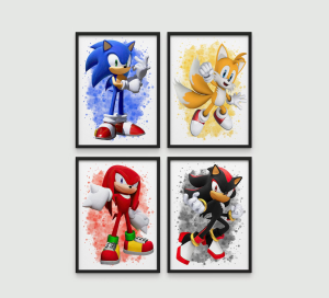 Sonic the Hedgehog Wall Art Set of 4 | Sonic Poster Bundle | Kids Room Decor | Sonic Tails Knuckles Shadow | Sonic Gifts | So