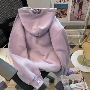 la Áo Len Gấu Của Phụ Nữ Phong Cách Hồng Kông Cổ Điển Mỹ chic Áo Khoác Liền Mũ Lót Nhung Dày Dặn Thu Đông Dáng Rộng Lười