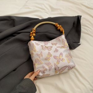 Retro Caramel Butterfly Embroidered Fabric Single Shoulder Bag Spring Summer New Style Underarm Beaded Handbag Women