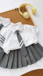Set sơ mi đồng phục đôi cho bé trai bé gái phối sọc kèm cà vạt đi học đi chơi 1đến 7t BERNIE 23B356