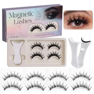2Pairs Magnetic Eyelashes Kit with Magnetic Tweezers Handmade 3D Natural Look Faux Mink Lashes Easy Wear Eye Makeup Gluee-free