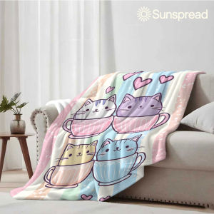 Beast Kingdom | Cup Cat Rainbow Stripe Soft Warm Flannel Blanket Lightweight Cozy Christmas Halloween Home Decor Room