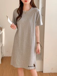 Summer New Loose Cotton T-Shirt Dress Womens Mid-Length Casual Dresses Pure Color Print round Neck Short Sleeve Maxi Dress