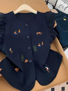 Embroidered Sleeveless Shirt Womens plus Size Conceal Meat Slimming Vest Top High Waist Korean Style Button Detail Thin Breathable