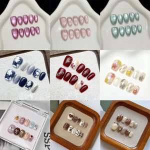10pcs Handmade Full Cover Cat Eye Press on Nails Colorful Flower False Nail Short Square & Round Cartoon Style Nails Tips Art