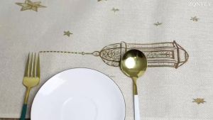 Khăn Trải Bàn Ramadan Eid Mubarak Họa Tiết Đèn Lồng Vàng Chất Liệu Vải Lanh Giặt Được Trang Trí Bàn Ăn Cho Bữa Tiệc Eid Al Fitr