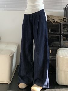 Quần Jeans Denim Xanh Đậm Ống Rộng Cạp Cao Quần Dài Dài Đến Sàn Cho Nữ Mùa Hè Quần Jeans Denim Cao Cấp Thường Ngày