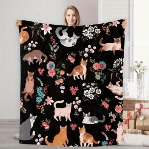 VIKAMA Cat and Floral Flannel Blanket Cat Blanket Is Soft and Machine Washable Suitable for Sofa or Bed Home Decoration