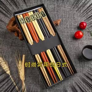 5 Pair Chinese Bamboo and Wooden Chopsticks Anti-slip Household Solid Wood 5-pair Printed Chopsticks Gift Box Set