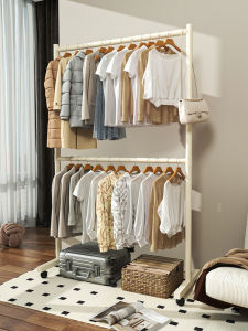 Elevating Double Layer Coat Rack for Living Room And Bedroom Space Saver Moving Iron Storage Organizer Cream Style Home Furniture