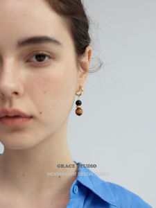 Long Casual Tiger Eye Stone Beaded Earrings Womens Fashionable Holiday Style Drop Earrings Vintage Aesthetic Weekend Party