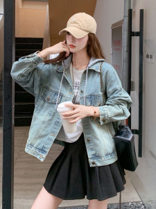 Retro Denim Blue Womens Jacket Oversized Versatile Short Coat Autumn New Style Casual Fashion Small Size with Pockets