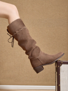 Josiny | Pointed Toe Thick Sole Knight Boots for Women Autumn Winter New Style 2026 Chunky Heel Pile-Up Effect