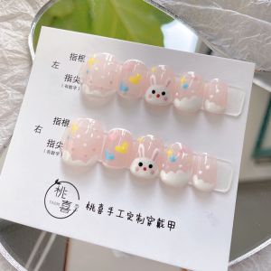 Handmade Nail Art Stickers Cute Rainbow Soft Cute Handdrawn Rabbit Cartoon Heart Phototherapy Wearable False Nails Nail Tips