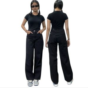 Celana jeans panjang cewek begie loose jeans high waist kaki lebar longgar premium