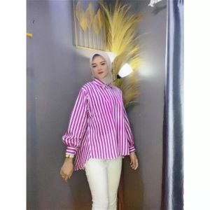 Kemeja Kerja silang belakang Jumbo motif salur matt Katun poly rayon