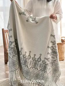 ELIN LONYAIN | Bohemian Style Jacquard Wool Linen Blend Fringe Blanket