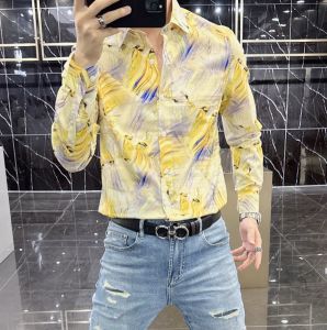 Autumn 2025 Mens Slim Fit Long Sleeve Shirt Floral Print Digital Printing Fashionable Casual Business Dress Shirt