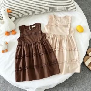 Bear Leader | 2026 Summer Brown Childrens Clothing 3-7 Year Old Korean Plain Girl Casual Dresses Sleeveless Pleated Vest Dress for Girls