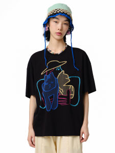 Moveup Summer 2025 Fun Series Ice Oxygen Bar Short Sleeve round Neck Cat Embroidery Short T-Shirt Womens Casual Cotton Blend