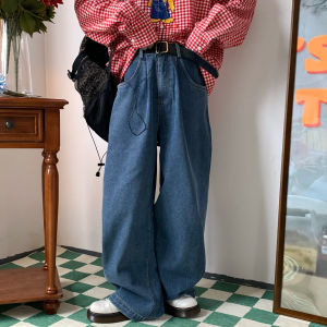 Retro Hong Kong Style Loose Fit Floor-Length Pure Color Denim Pants Old School Wide Leg Trousers Versatile Casual Long Trousers